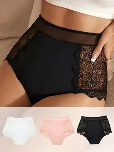 3-Pack Women's High-Waisted Control Top Lace Underwear, Mesh Waistband, Butt Lifting, Seamless Safety Pants, Plus Size Slimming