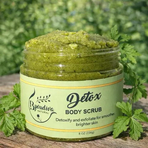 ByouDiva 100% Natural Herbal Caribbean Small Batch Detox Glow Sugar Scrub - Tea Tree, Moringa, Cerasee, Vitamins, Powder, Bacteria-Fighting, Moisture-Locking Face & Body Scrub for Sensitive Skin, Acne Relief, Skin Repair, Smooth Dry Patches