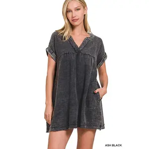 Women's Zenana Washed Double Gauze Raw Edge V-neck Dress, Lightweight Cotton Basic Casual Wear Dress