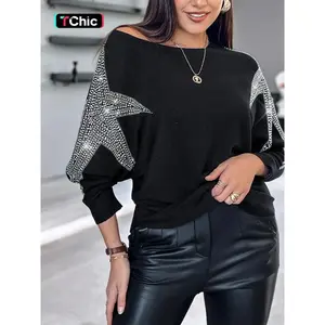 Women’s rhinestone star-decorated batwing-sleeve sweater, casual long-sleeve jumper for autumn and winter, fashionable ladies’ knitwear for everyday wear