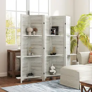 Distressed White 5-Panel 67" Tall Wood Room Divider with 3 Shelves, Folding Storage, and Privacy Function for Bedroom