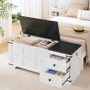 HOOBRO Storage Bench, Toy Box with Dual Drawers and Safe Hinge, Storage Chest with Extra-Long Thick Top, Easy Assembly, Multipurpose Storage Trunk, for Living Room, Bedroom, White and Black