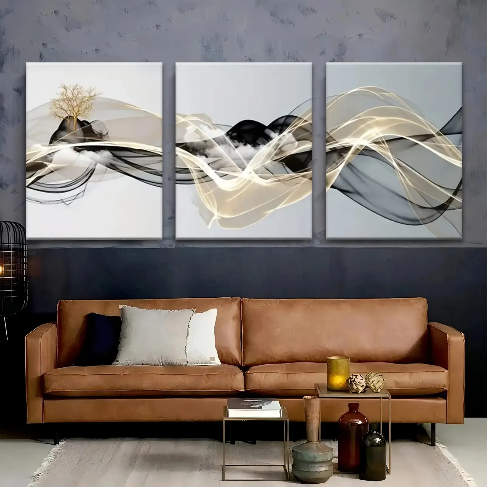 Three pieces of black and white gold thread art canvas paintings