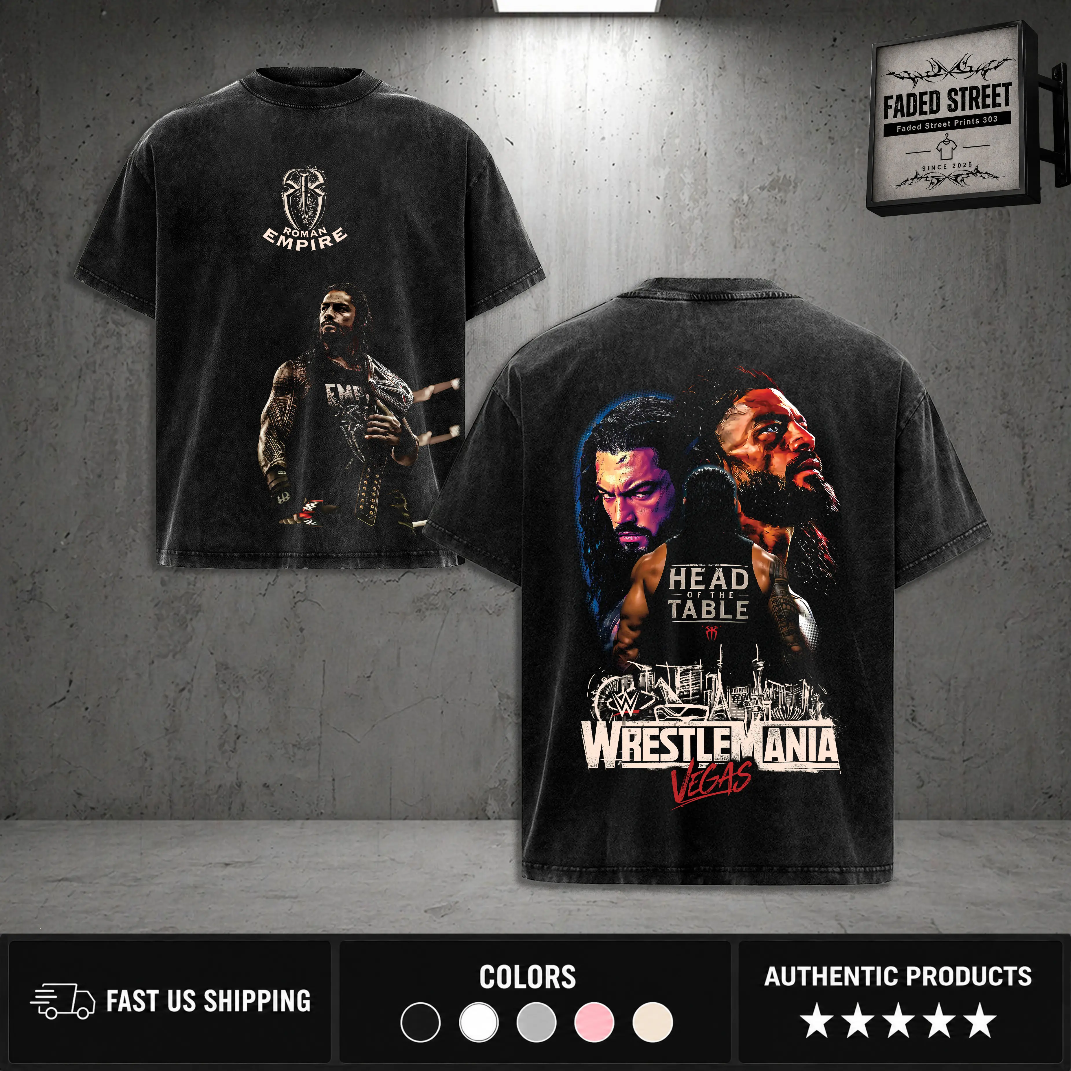 ROMAN REIGNS WRESTLEMANIA VESGAS Vintage V5 Washed T-Shirt, Wrestler Shirt, WWE Shirt Unisex TShirt, men gifts Menswear Underwear Cotton Classic graphic
