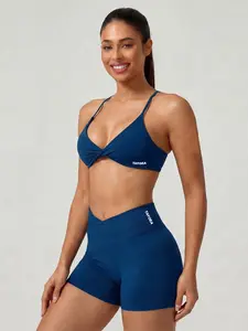 Tayoea Seamless Sports Bra Front Knot Gathered Back Thin Straps, V Cross Waist Lift Hip Tight Fit Shorts, Suitable for Indoor Outdoor Fitness Running Yoga Strappy Workout Bra