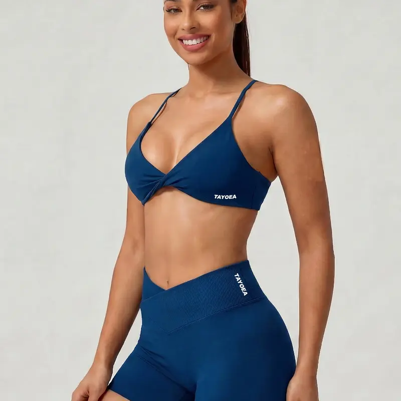 TAYOEA Seamless Sporty Two-Piece Set, Twist-Front Strappy Sports Bra & V-Crossover Waist Hip-Lifting Tight-Fit Shorts, Ideal for Indoor & Outdoor Wear, Sports Bra And Shorts Set