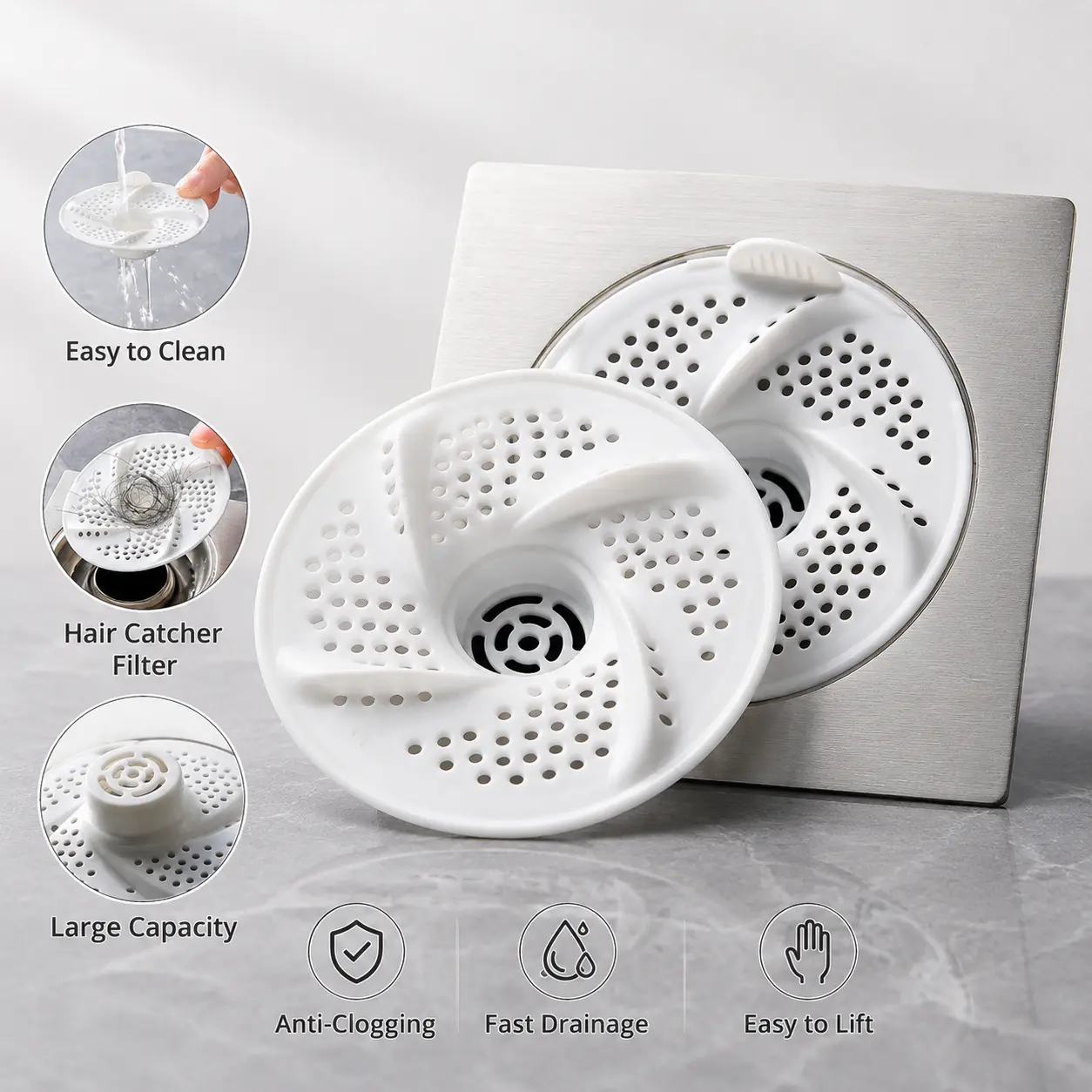 3 Counts, Floor Drain Strainer with Built-in Handle Rotary Hollow Design, Hair Filter Catcher for Kitchen Sink and Bathroom Household Drain Use