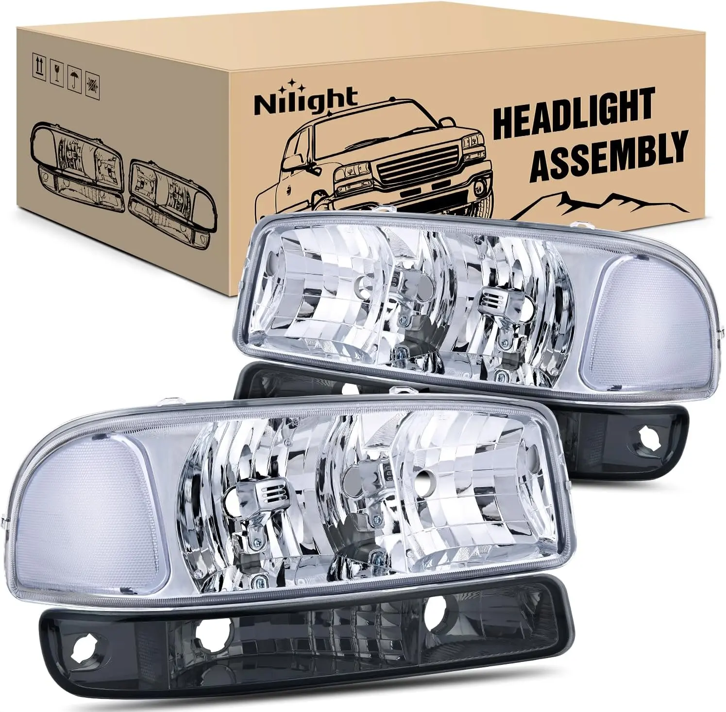 Nilight Car Headlights Assembly Replacement with Headlight Cover, Chrome Housing, Transparent Lens, Distinct Corner, Smoke Bumper Light, Compatible for 1999-2006 GMC Sierra & Yukon