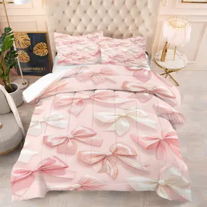 Pink Bow Pattern Comforter Set, Soft And Durable Bedding Set, Including 1 Quilt And 1 Or 2 Pillowcases, Suitable For Daily Festivals, Valentine's Day, Birthday Gifts, Bedroom Decorations For Children And Adults