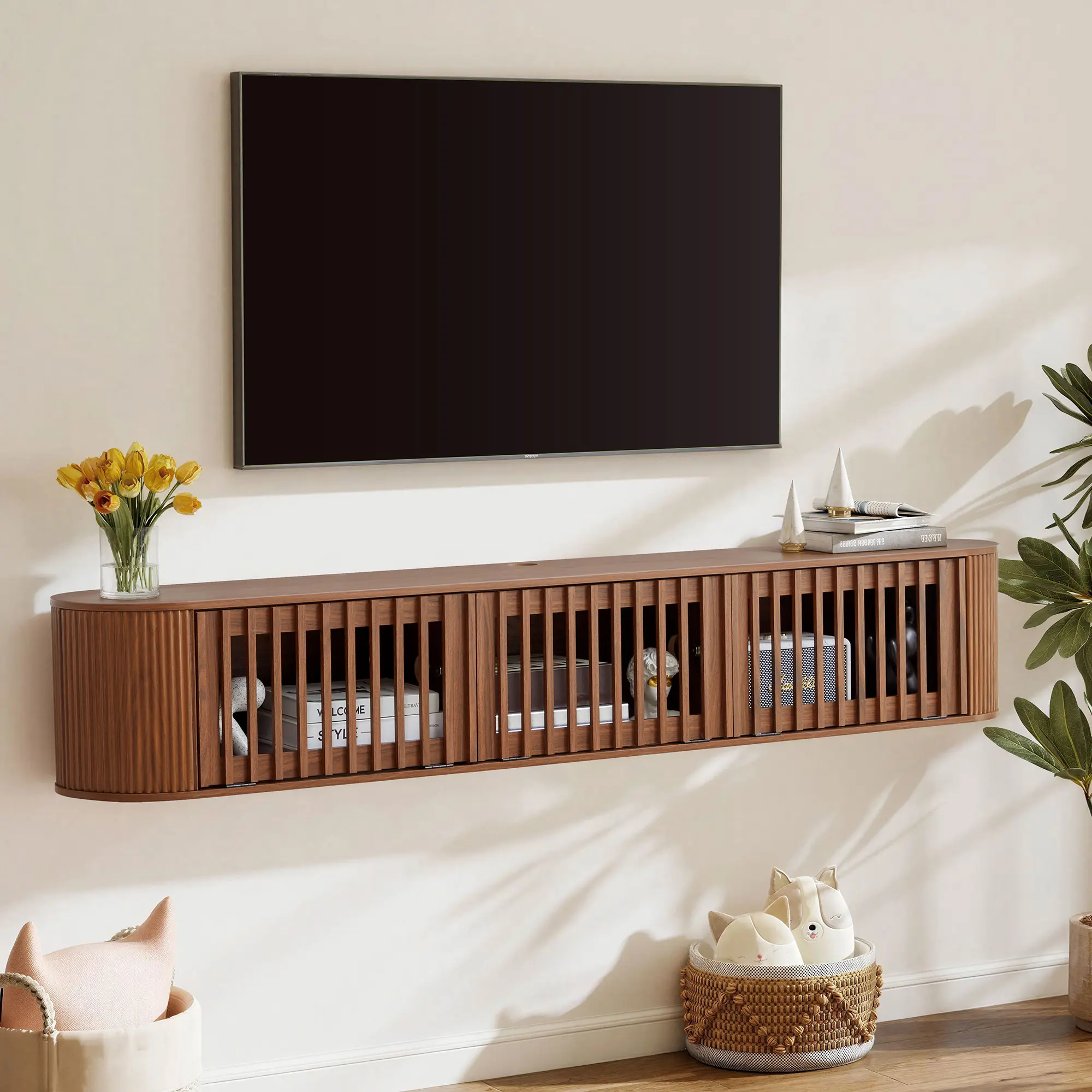 Giratree 70.86" Floating TV Stand for 65-80 Inch TVs, Wall Mounted Media Console with Fluted Sliding Doors, Curved Sides and Open Storage for Living Room