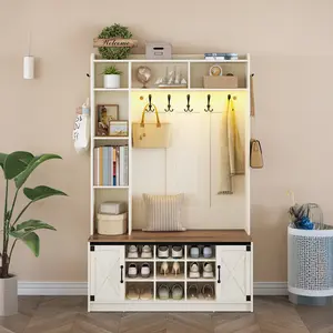Hzuaneri Hall Tree, LED Farmhouse Entryway Storage and Coat Rack Wood, Entryway Furniture with 7 Hooks, Hall Tree with Bench and Storage, 6 Storages Partitions Shoe Bench
