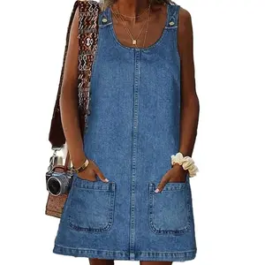 Imily Bela Women's Sleeveless Casual Denim Dress Crewneck Vintage Overall Mini Dress with Pockets