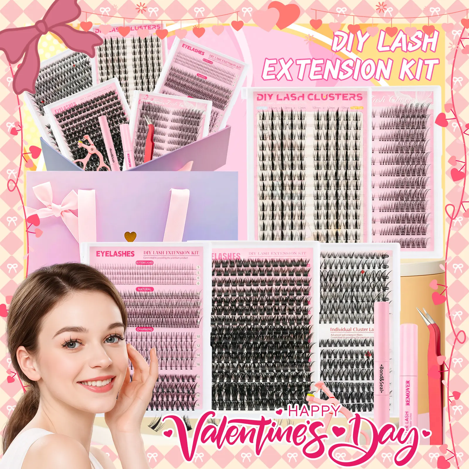 SOSIAY CICI 1268pc Lash Clusters Kit, 30D/40D/100D Volume False Eyelash Extensions, 9-16mm D Curl Shape, Natural Wispy Makeup Kit with Bond&Seal, Tweezer, Remover, Eyelash Curler