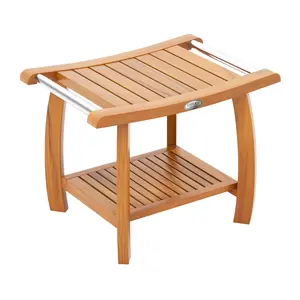COSTWAY - 2-Tier Teak Wood Shower Bench Shower Stool with Curved Seat and Handles
