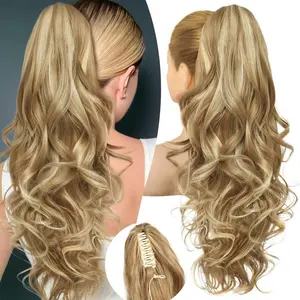 Ponytail Extension 24" Long Curly Wavy Claw Clip in Medium Blonde with Highlights Synthetic Fibers for Daily & Party Use Japanese Tech for Natural Look