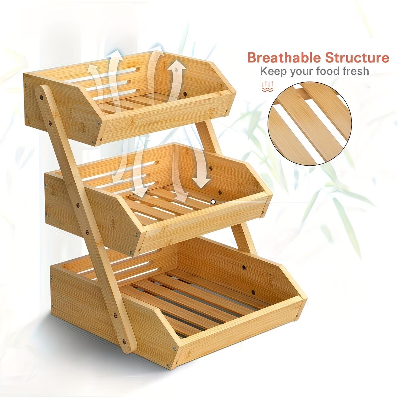 3/2 Tier Wooden Fruit Basket Stand – Large Capacity Countertop Organizer for Fruits, Vegetables & Bread