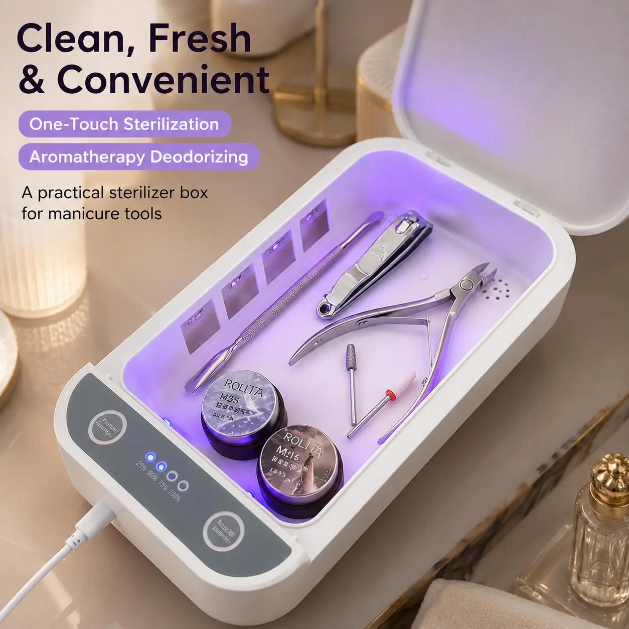Portable UV Nail Tool Sterilizer Box, USB Rechargeable Manicure Tool Sanitizing Case with Aromatherapy Deodorizing Function