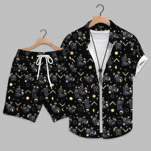 SET- Umbreon Inspired Hawaiian Shirt, Dark Anime Fox Aloha Shirt for Men & Women, Tropical Button Up Shirt, Unisex Beach Vacation Outfit, Gothic Summer Beachwear, Anime Fan Gift, Resort Wear, Hawaiian Party Shirt