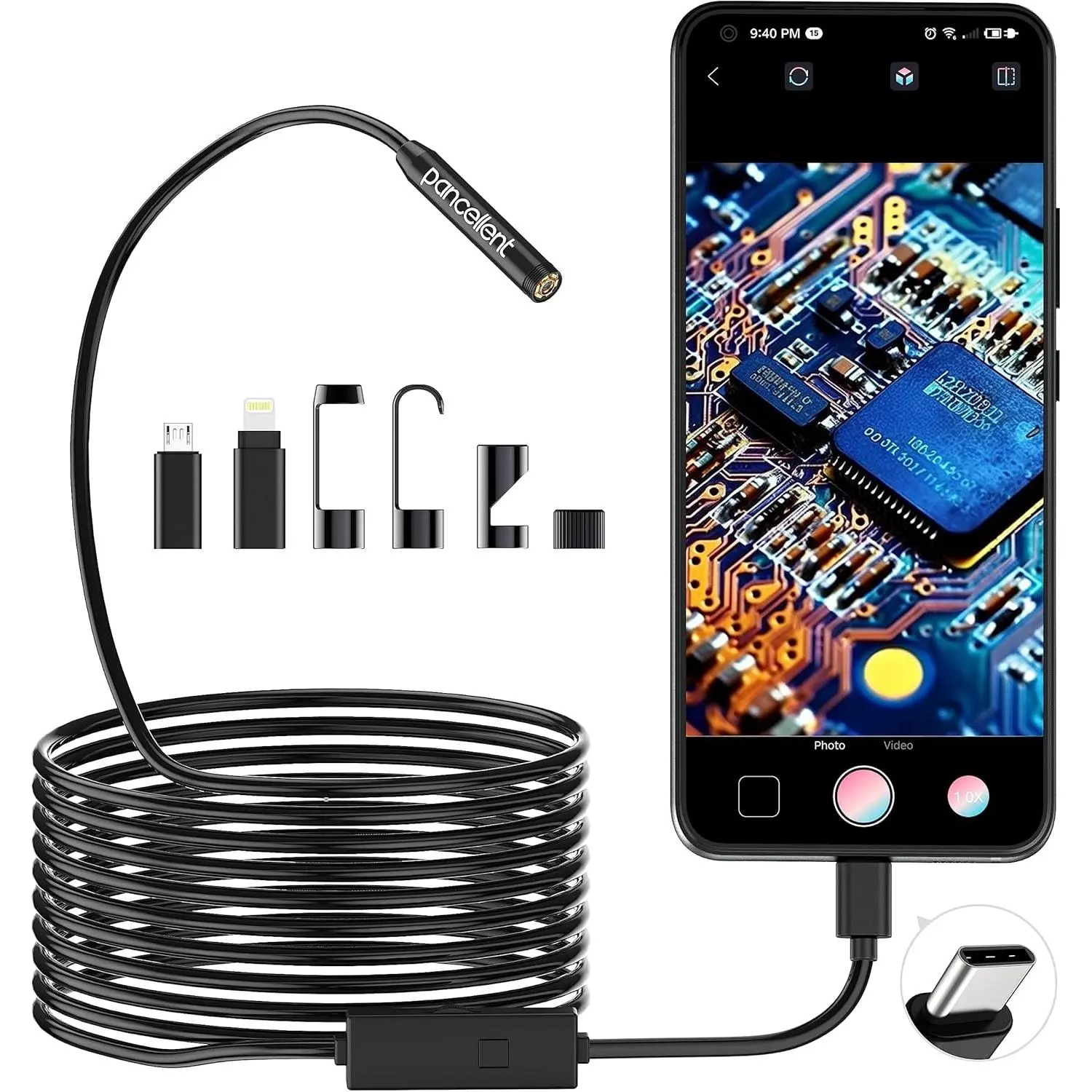 1920HD Compact Type-C OTG Snake Endoscope Camera with 8 LED Lights, 16.5ft/5m Waterproof Cable, 1x Car Mount, 1x iPhone/Micro-USB Adapter, Plug-and-Go, Video Capture for iPhone/Android Devices, Car Use, 1 X Car Mount