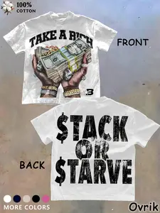 Unisex Y2K Clothing Hip Hop Money Graphic T-Shirt - "Take A Rich / Stack Or Starve" Hustle Streetwear Tee for Rap Fans, Trap Lovers & Urban Hustlers, Cotton Casual Top for Concert, Festival & Daily Street Style