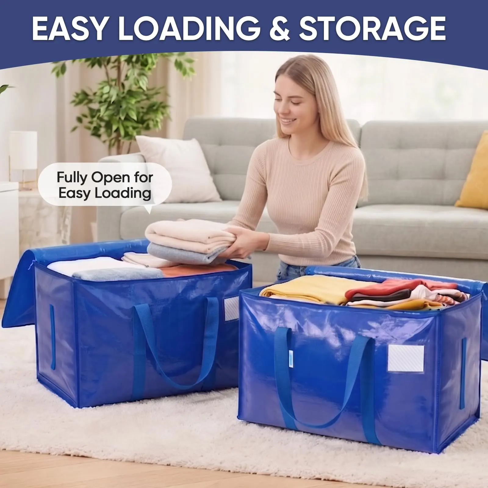 TICONN Multiple-Pack XL Heavy-Duty Household Moving & Storage Totes - Lightweight Minimalist Closet Organizers with Reinforced Handles, Heavy-Duty Material, Convenient Tag Pocket, Easy Loading for Blankets, Comforters, Camping Gear, Holiday Decorations