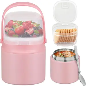 2-in-1 14oz Insulated Soup Thermo Lunch Container for Hot Food, Leak Proof with Snack Box, Stainless Steel Double Wall Vacuum Wide-mouth with Spoon and Handle for Kids Adults