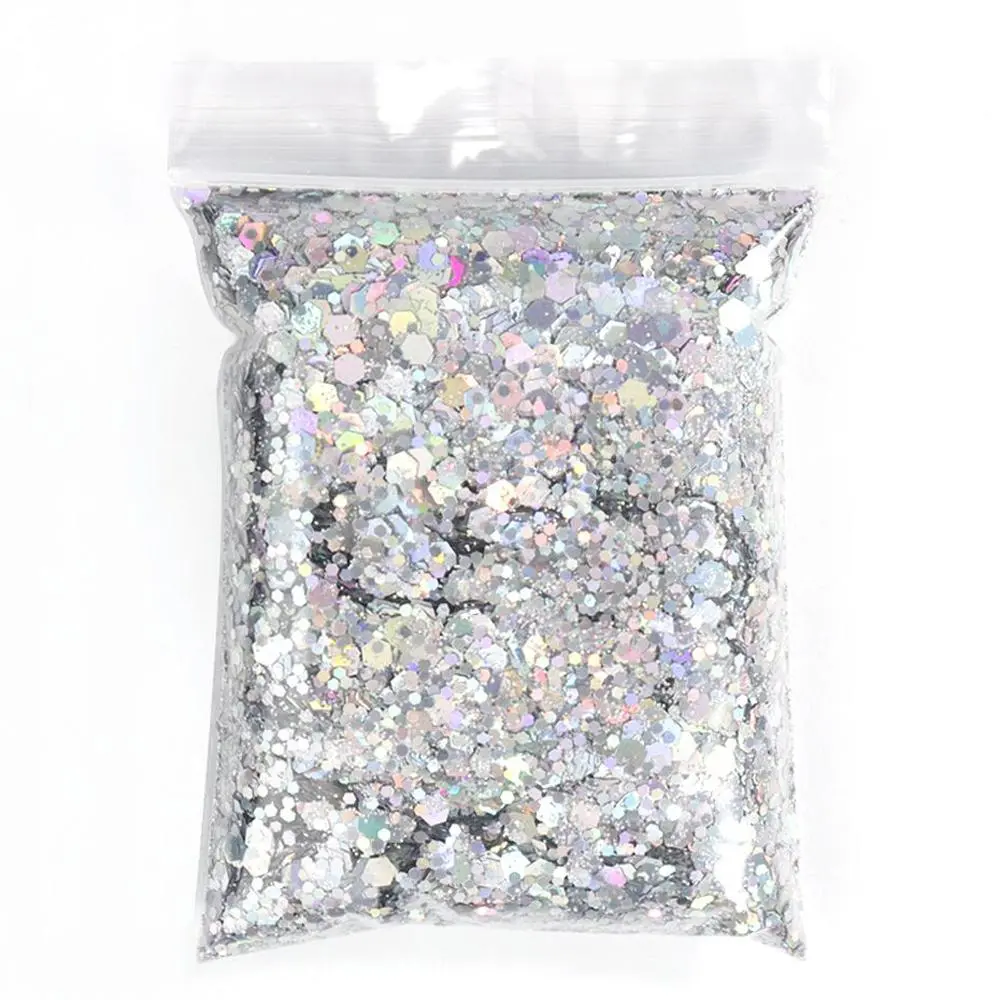 50G Holographic Mixed Hexagon Shape Chunky Nail Glitter Silver Sequins Laser Sparkly Flakes Slices Manicure Nails Art Decoration