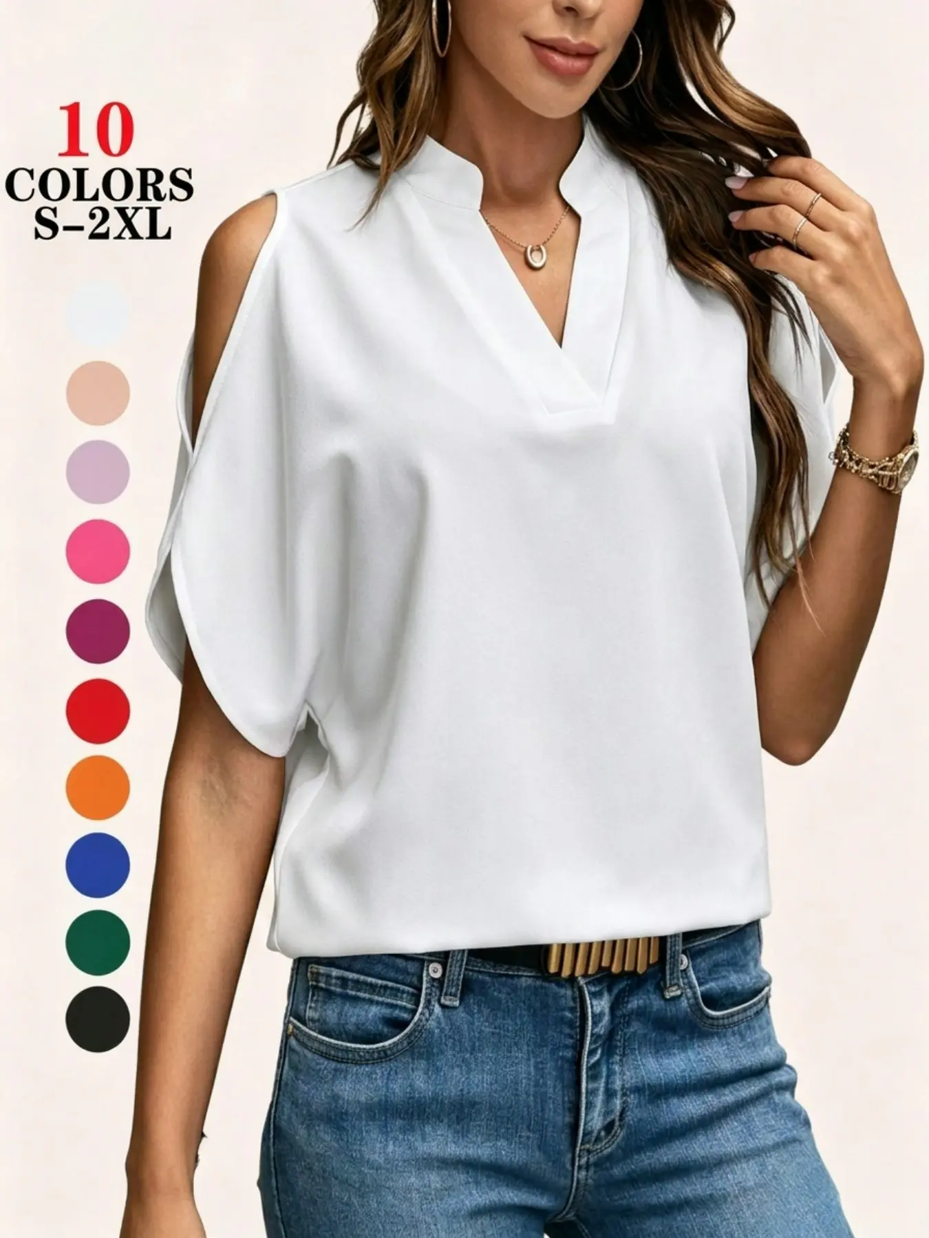 Cold Shoulder Tops for Women V Neck Solid Color 2026 Summer Loose Fit Lightweight Short Sleeve Casual T Shirts Chic Elegant Everyday Wear Womenswear