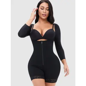 Full Size Zip Up Lace Detail Long Sleeve Shapewear