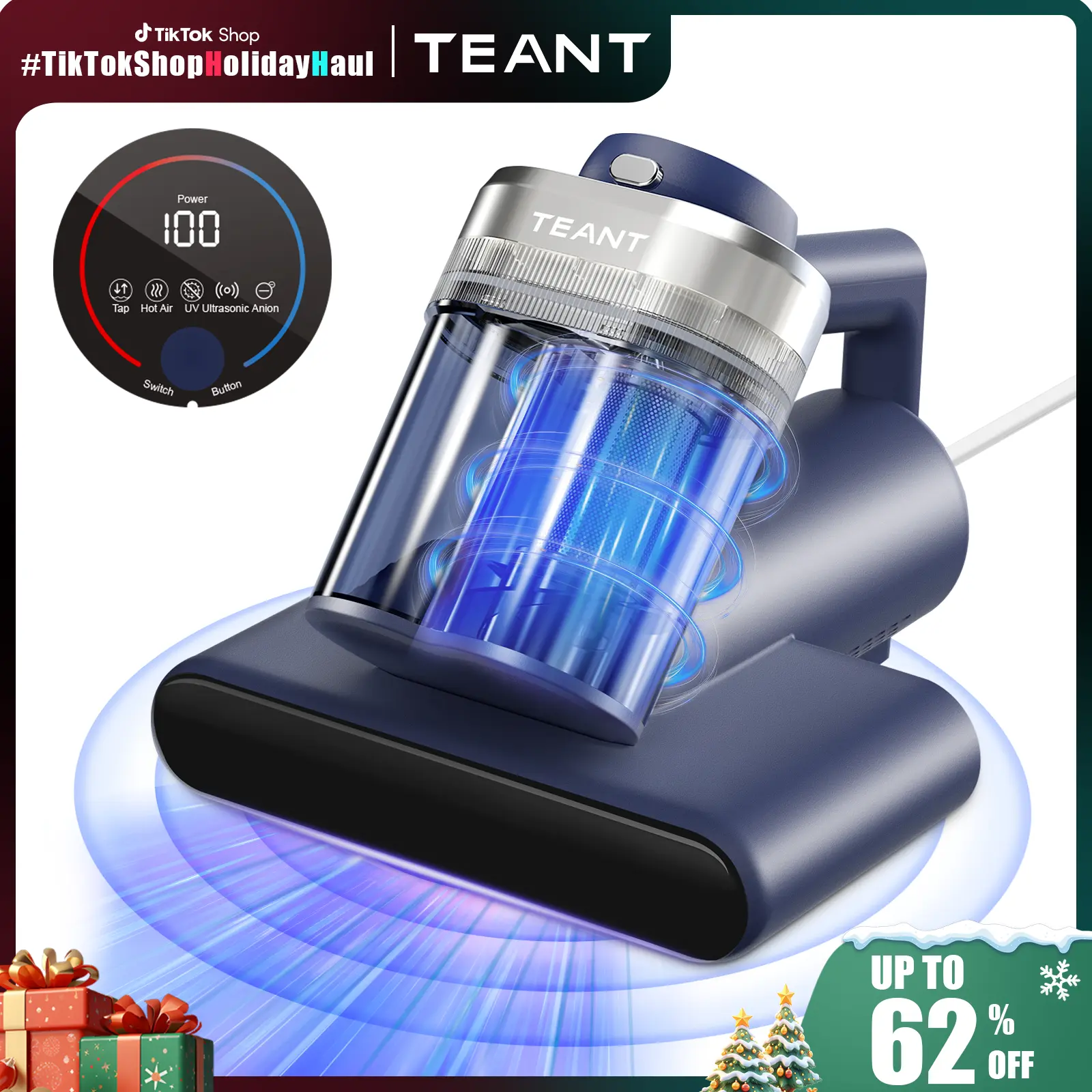 High-Power Mattress Vacuum Cleaner, UV-C Sterilization & 149°F Heat Treatment Dual-Cup Dust Mite Remover with HEPA Filter, 16Kpa Strong Suction for Beds, Couches, Carpets - Includes Aroma Tablet, LED Display & Deep Cleaning Machine Home Tool