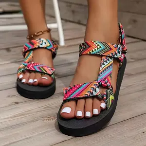 Women's Large Size Sandals with Thick Sole, Color Matching Magic Tape, Comfortable Summer Footwear, Ethnic Style Design Flat Girl Shoe Walking Shoes