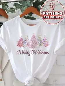 Women'S Christmas Tree Graphic T-Shirt - Sparkling Rhinestone Sequins, Casual Crew Neck, Short Sleeve, Regular Length, All-Season Wear, Festive Holiday Design, Christmas Shirts