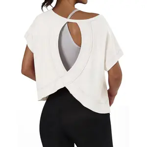 GRECERELLE Women's Open Back Workout Tops Backless Athletic Shirts Casual Crop Running Tee Y2k Yoga