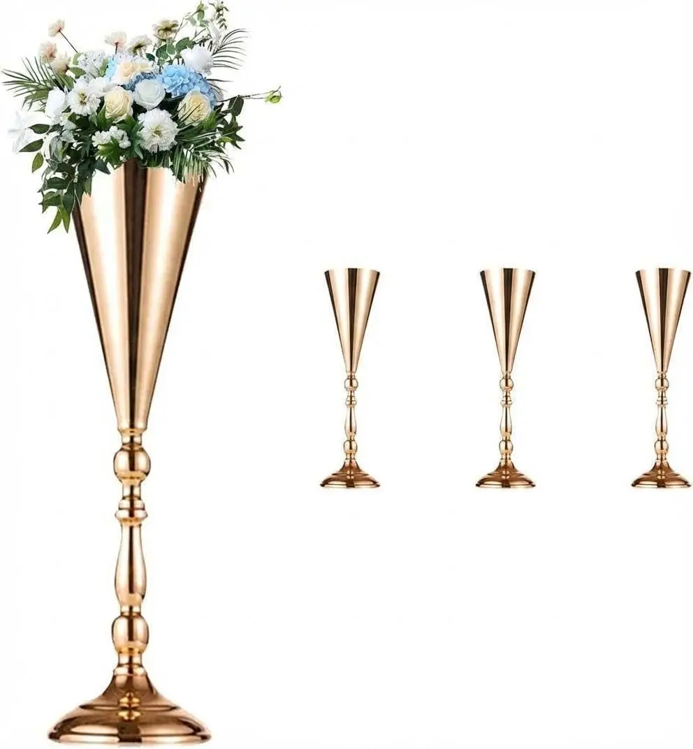 Garvee Gold Metal Trumpet Vase Centerpiece Stand with Crystal Candle Holder - 16.5 in Tall Floral Pedestal - Zinc Alloy, Rust-Resistant, Easy Assembly - for Wedding & Home Decor - 4-Pack