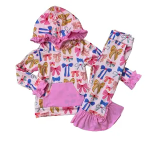 Long Sleeve Bow Printed Kids Girls Hoodies Outfits Comfortable Stylish Casual Wear