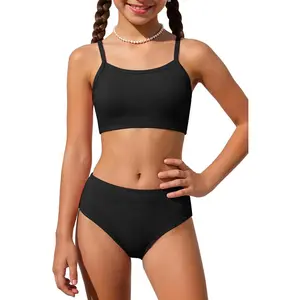 2 Piece Ribbed Swimsuits for Teen Girls Kids Size 6-15 Years High Waisted Solid Cute Bikini for Summer Beach Wear