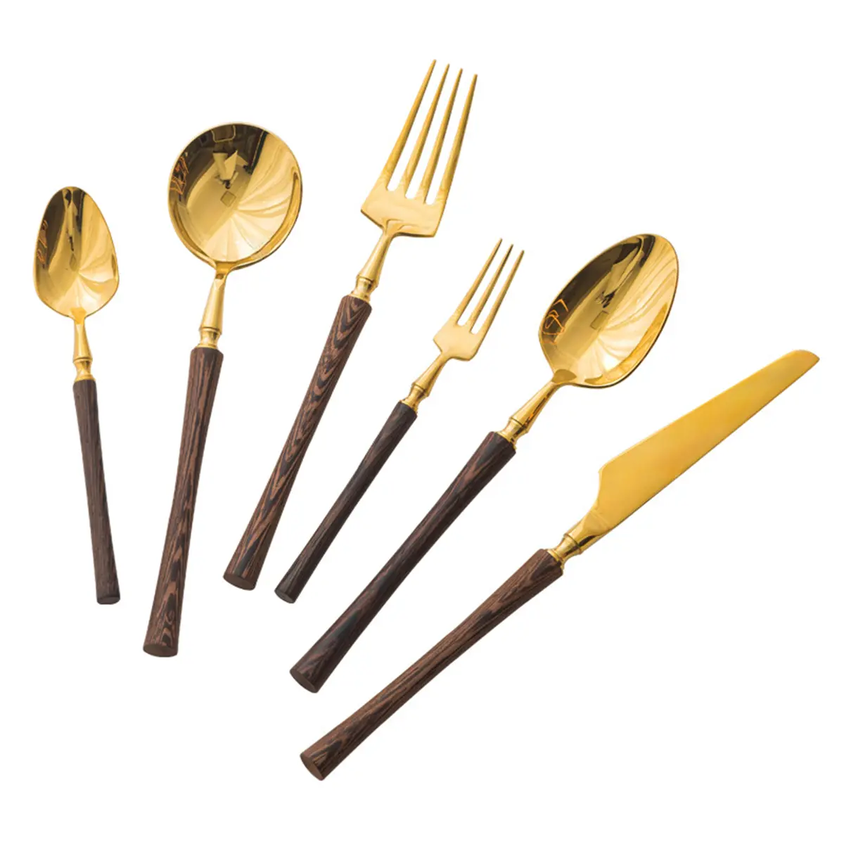 Wood Handle Silverware Set Service for 6, 18/10 Stainless Steel Flatware Set with Wood Handles, 36-Piece Gold Cutelery, Silverware for Dining (6 Set-36 Piece)