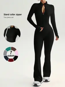 Women's 2-Piece Activewear Set, Sporty Style Outfits, Flare Leg Sports, Stand Collar Full Zipper Jacket Long Sleeve High-Waisted Tummy Control Butt Lifting Flared Pants Comfortable Breathable Slim Fit Yoga Gym Running Casual Sportswear for Daily Wear