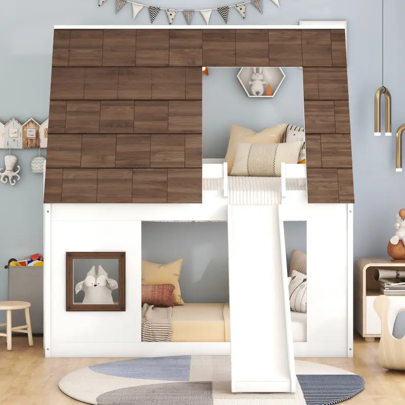 White+Brown Twin Size Wooden Pine Wood House Bunk Bed Frame with Slide, Roof, and Ladder