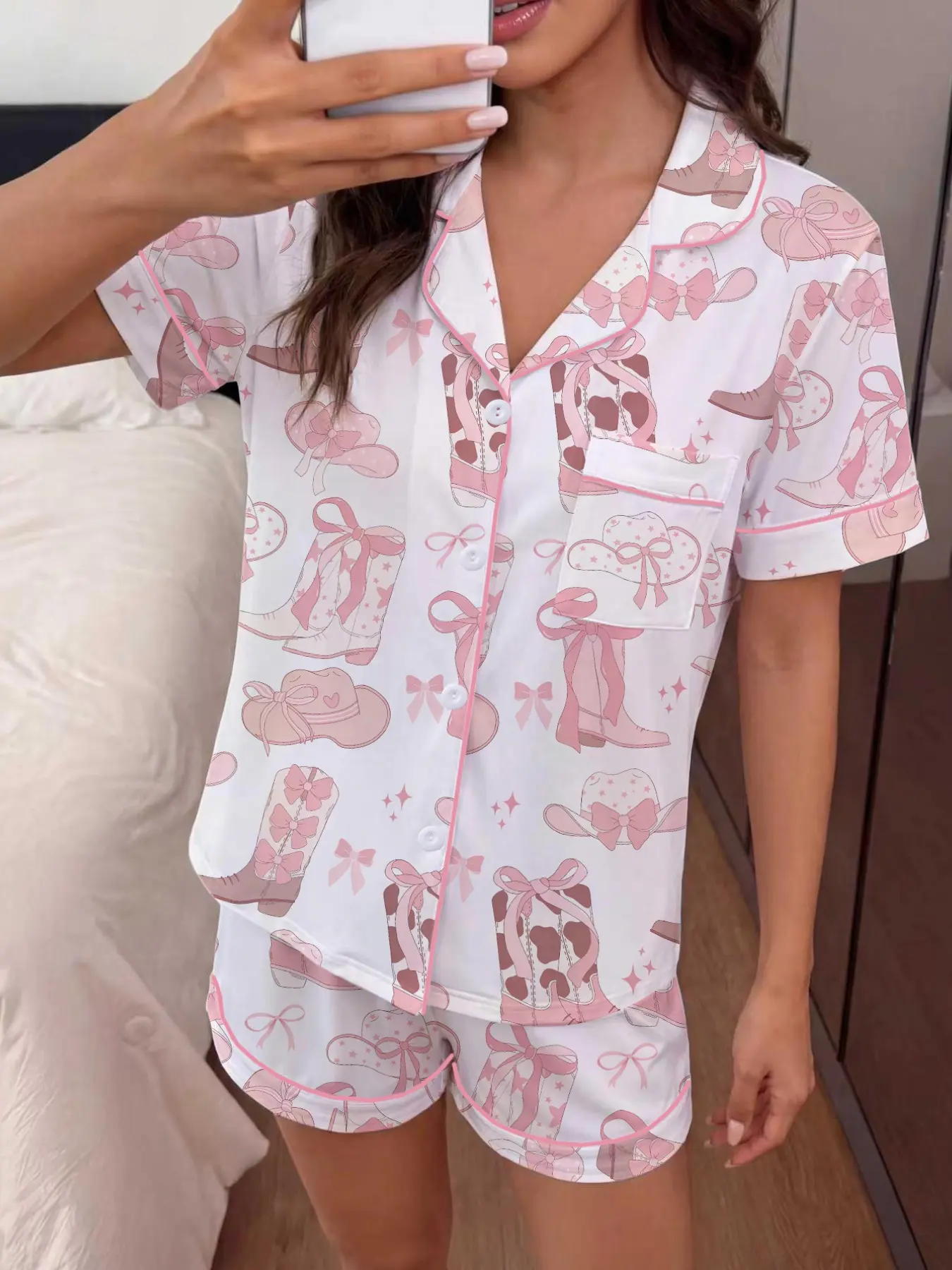 Women's Western Cowboy Style Pajama Set, Pjs, Short Sleeve Button Front Top and Elastic Shorts, Elegant Fitted Sleepwear and Loungewear for All Seasons