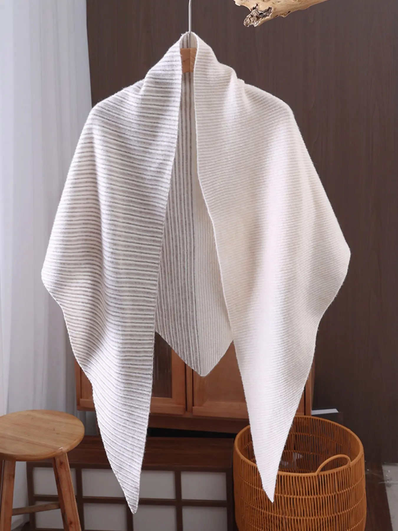 Women's 100% Pure Wool Striped Colorblock Scarf Knitted Triangle Shawl, Fall Winter Outerwear Wrap, Shoulder Cover