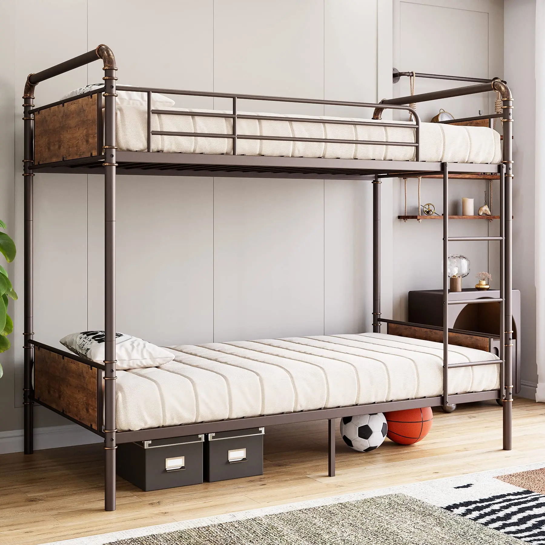 Garvee Convertible Twin Over Twin Metal Bunk Bed - Secure, Stable, Space-Saving, Durable, High Guardrail, Ladder, Heavy-Duty Slats, No Spring Box Needed, Suitable for Teens, Black Finish, Indoor Bedroom Bed Frame