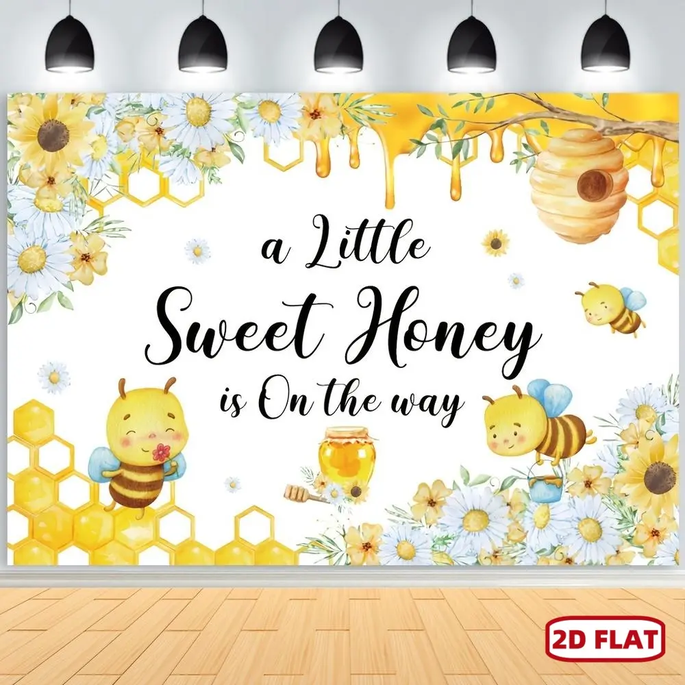 2D Flat Bee Polyester Fabric Photo Backdrop Banner - Sunflower, Honeycomb & Flower Design, Easy-Setup Wishing Banner for Baby Shower, Indoor Party Decoration Supplies (A Sweet Little Honey Is On The Way Theme)