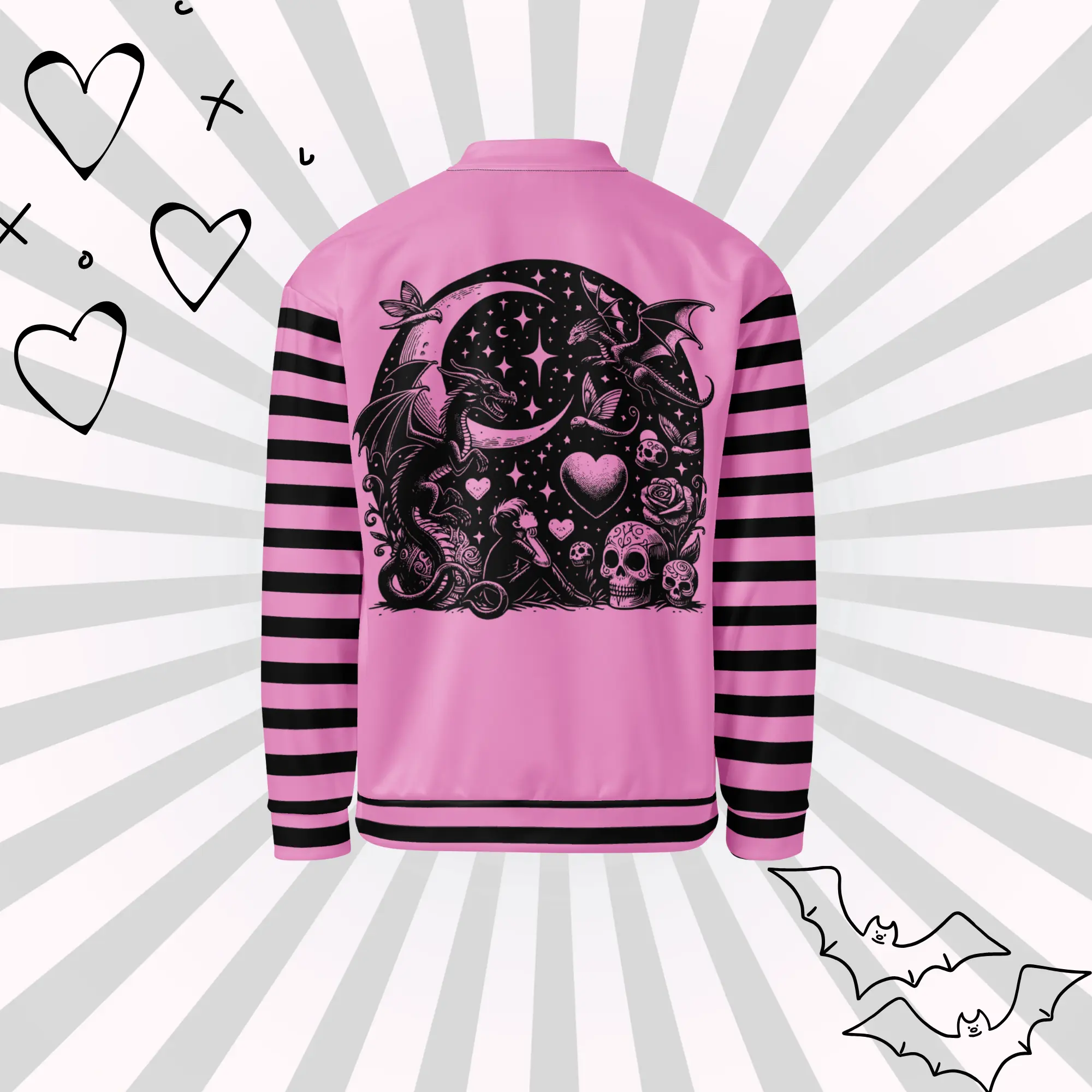 DreamSage Pink Dragon Bomber Jacket - Unisex Fit, 100% Polyester, Brushed Fleece, Silver YKK Zipper, OEKO-TEX 100 Certified, Weirdcore Pastel Grunge Y2K Goth Design