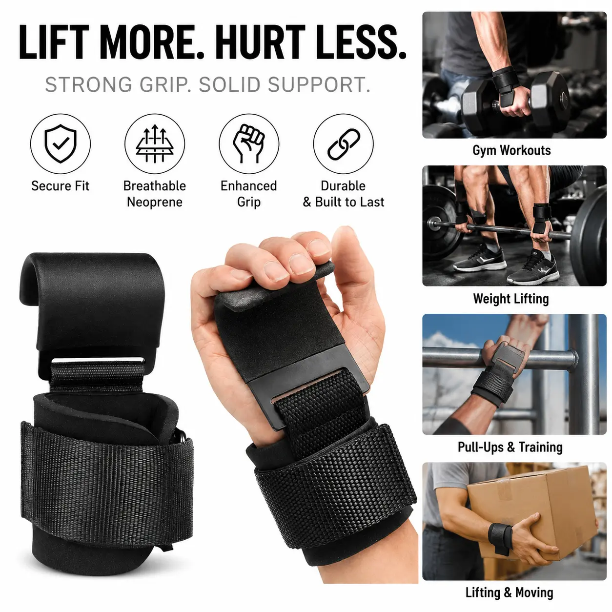 1 pair of black weightlifting hooks, heavy-duty gym wristbands with strong grip support, adjustable exercise hooks for extreme weightlifting, pull-up, and strength training, male and female fitness equipment, adjustable wrist support hooks