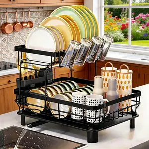 Dish Drying Rack, 2-Tier Dish Rack with Auto-Drain & Mat, Dish Racks for Kitchen Counter, Dish Drainer with Knife, Fork & Cup Rack, Gifts for Women, Mothers Day, Cool Stuff & Kitchen Gadgets