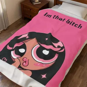 Im That Bitch cartoon girl Velveteen Plush Blanket | pink kawaii character throw