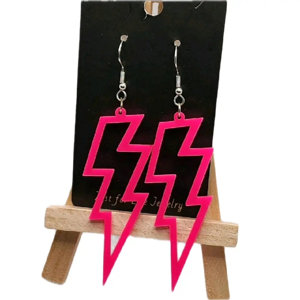 Trendy 80s-90s Retro Hot Pink Lightning Bolt Earrings, Handmade Costume Jewelry Accessories, Lightweight Durable Plastic Hook Earrings for Everyday Wear