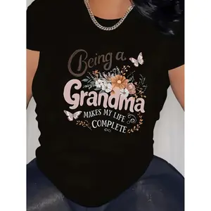 Women'S Plus Size "Being a Grandma" Floral Print T-Shirt - Elegant Black Casual Tee with Pink & White Flowers, Comfortable & Machine Washable, Perfect for Spring/Summer/Fall, Grandma Themed Apparel|Elegant Casual Style|Comfortable Fit