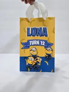 12 pcs Personalized Birthday Gift Bags with Name and Age – Bags with Ribbon Handles- 8.5"x5.5 (Minnions)